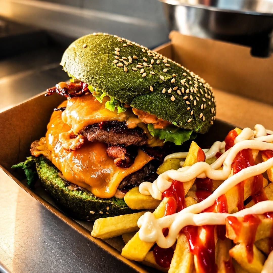 Burger au pain vert, double cheddar, frites mayo ketchup